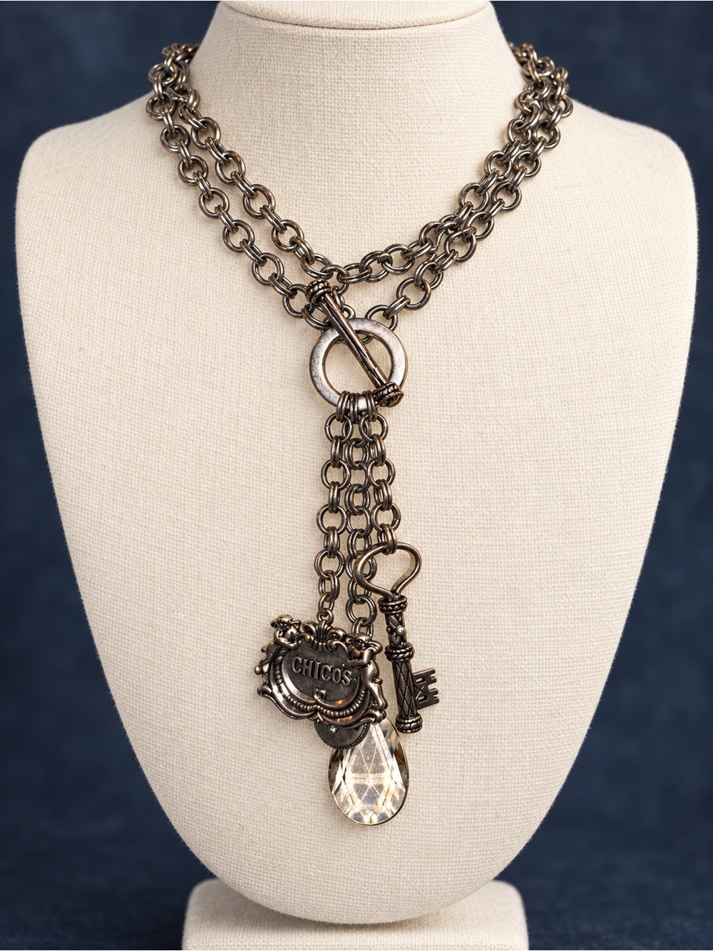 Chico's silver Multi Chain Charm Necklace with Crystal Teardrop 25th anniversary